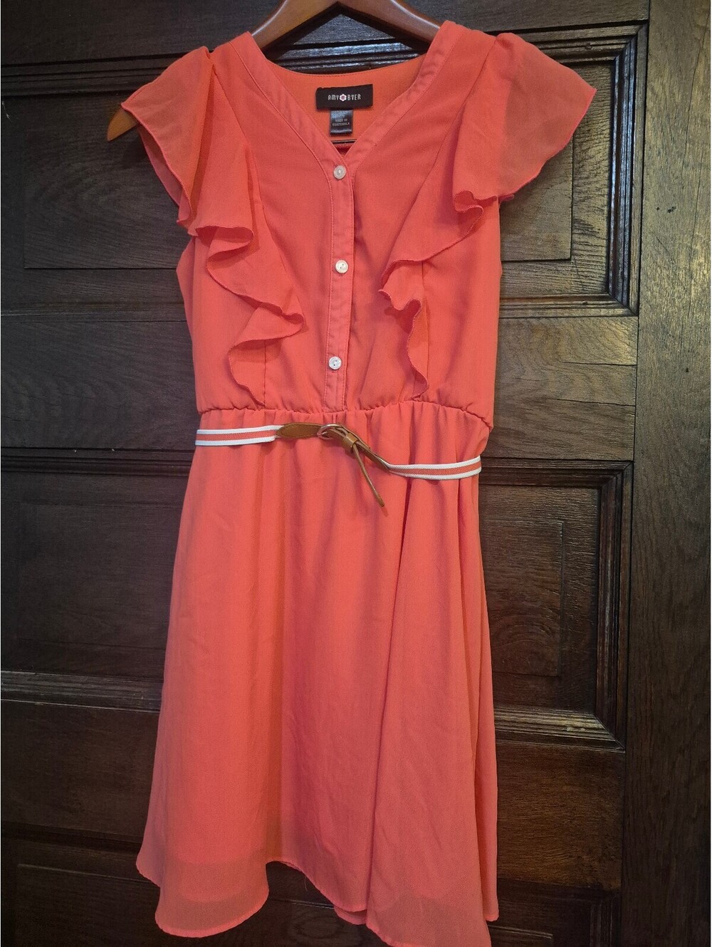 Amy Byer Coral Pink Ruffle Trim Sleeveless Dress with Belt